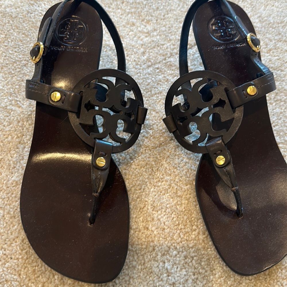 Tory Burch Black Logo Thong Sandals with Gold Accents